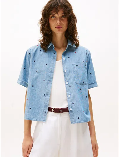 Tommy Hilfiger Allover Embroidered Star Chambray Shirt In Blue
