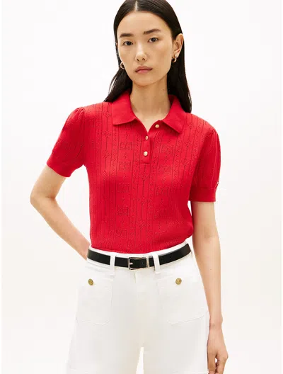 Tommy Hilfiger Allover Flag Logo Pointelle Sweater Polo In Red