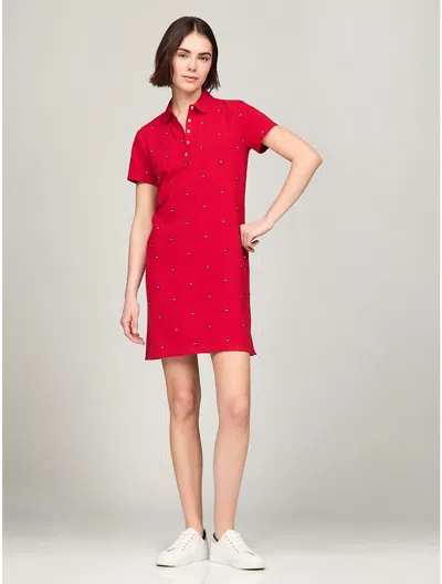 Tommy Hilfiger Allover Flag Logo Stretch Polo Dress In Primary Red Multi
