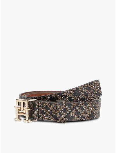 Tommy Hilfiger Allover Monogram Leather Belt In Black