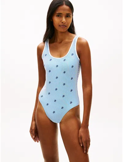 Tommy Hilfiger Allover Script Monogram Scoop Swimsuit In Blue