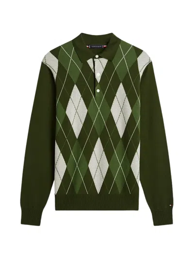 Tommy Hilfiger Argyle Pattern Long Sleeve Knit Rugby Polo Shirt In Gray