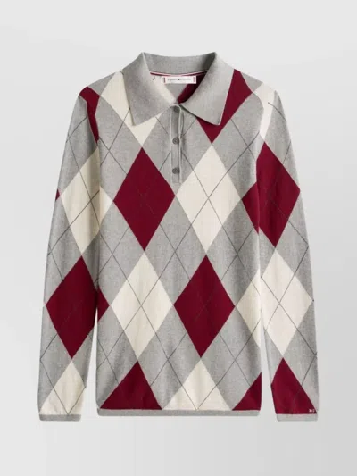 Tommy Hilfiger Argyle Pattern Collared Cotton Long Sleeve Top In Gray