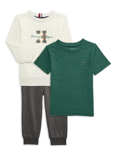 Tommy Hilfiger Baby & Little Boy's 3-piece Fleece T-shirt, Sweatshirt & Joggers Set In Green Grey White