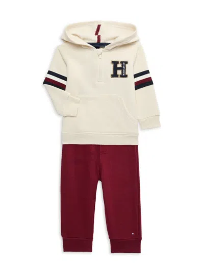 Tommy Hilfiger Baby Boy 1/4-zip Fleece Monogram Hoodie Joggers, 2-piece Set In Red Tan