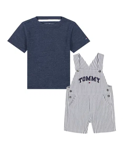 Tommy Hilfiger Baby Boy 2-piece Solid T-shirt Vertical Stripe Shortalls Set In Navy Blazer,bright White Stripe