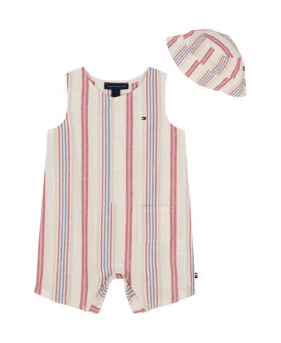Tommy Hilfiger Baby Boy 2-piece Striped Gauze Sleeveless Romper Bucket Hat Set In Red And Blue Stripes
