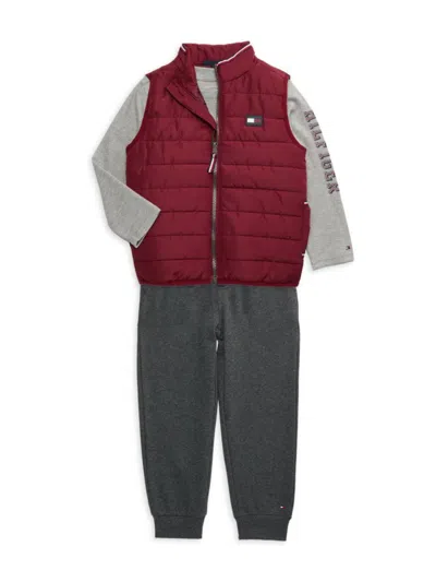 Tommy Hilfiger Baby Boy's & Little Boy's 3-piece T-shirt, Puffer Vest & Joggers Set In Red Charcoal Grey