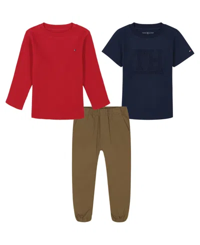 Tommy Hilfiger Baby Boy Short Sleeve Tee, Long Sleeve Thermal And Twill Joggers 3-piece Set In Assorted
