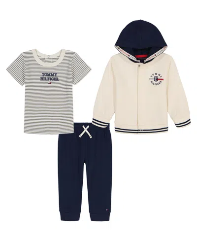 Tommy Hilfiger Baby Boys 3-piece Stripe T-shirt, Signature Snap-front Hoodie And Jogger Set In Multi