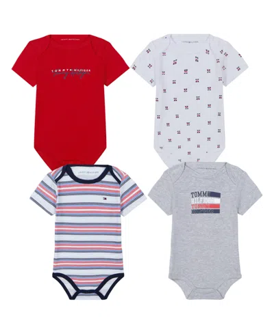Tommy Hilfiger Baby Boys 4-pack Signature Short Sleeve Bodysuits In Red,platinum Heather,print
