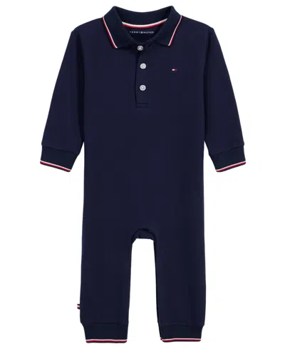 Tommy Hilfiger Baby Boys' Collared Long-sleeve Button-placket Knit Coverall In Blue