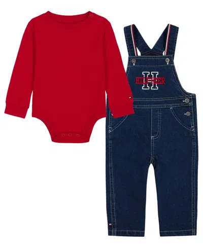 Tommy Hilfiger Baby Boys' Denim Overalls And Long-sleeve Bodysuit, 2-piece Set In Red