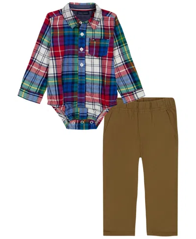 Tommy Hilfiger Kids' Baby Boys' Long-sleeve Plaid Shirt Bodysuit And Pants, 2-piece Set In Multi