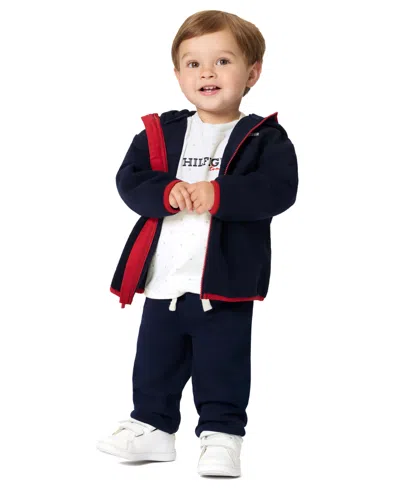 Tommy Hilfiger Kids' Baby Boys' Long-sleeve Zip-up Hooded Jacket, T-shirt And Joggers, 3-piece Set In Blue