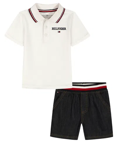 Tommy Hilfiger Baby Boys' Polo Collar T-shirt & Ribbed Waistband Shorts, 2-piece Set In White