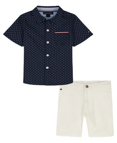 Tommy Hilfiger Baby Boys' Printed Poplin Short-sleeve Shirt And Twill Shorts, 2-piece Set In Blue