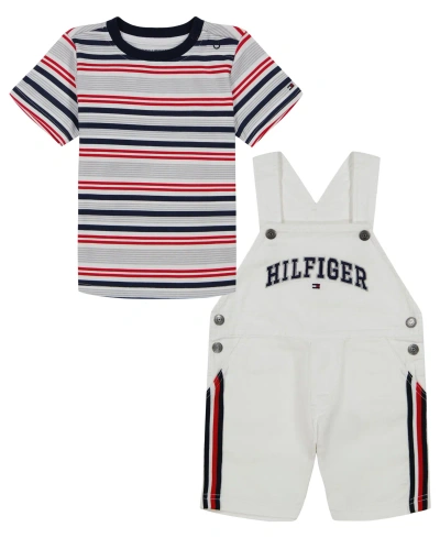 Tommy Hilfiger Baby Boys Short Sleeve Striped T-shirt And Signature Shortalls, 2 Piece Set In White