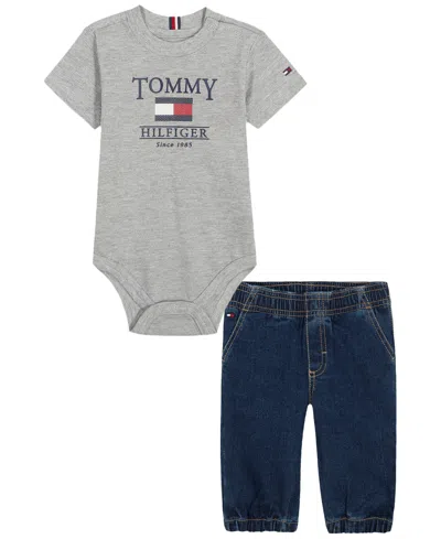 Tommy Hilfiger Kids' Baby Boys' Short-sleeve Denim Bodysuit And Jogger Pants, 2-piece Set In Gray