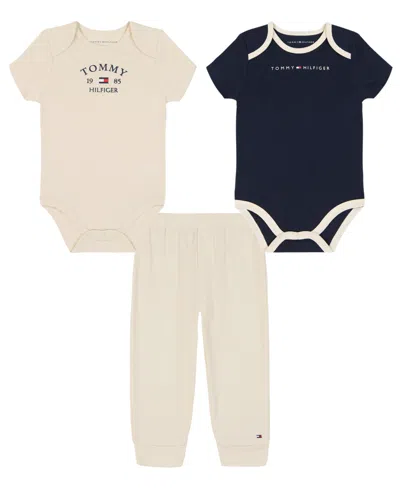 Tommy Hilfiger Baby Boys' Short-sleeve Embroidered Bodysuit And Pants, 3-piece Set In Neutral