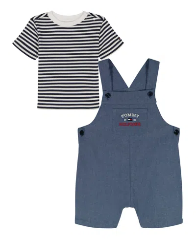 Tommy Hilfiger Baby Boys' Striped Crewneck T-shirt And Signature Denim Shortalls, 2-piece Set In Multi