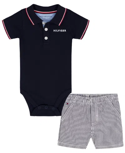 Tommy Hilfiger Baby Boys' Striped Trim Pique Bodysuit And Corded Striped Shorts In Blue