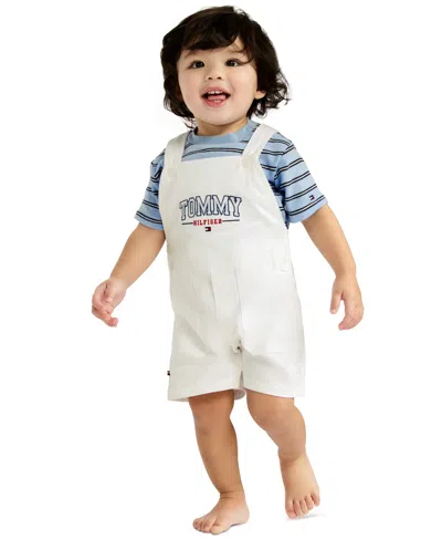 Tommy Hilfiger Baby Boys' Striped T-shirt And Twill Shortalls, 2-piece Set In White