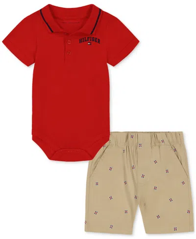 TOMMY HILFIGER BABY BOYS TIPPED POLO BODYSUIT & PRINTED TWILL SHORTS, 2 PIECE SET