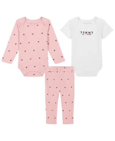 Tommy Hilfiger Baby Girl 2-pack Logo Bodysuits Twist-tie Knit Pants Set In Cinder Rose,bright White