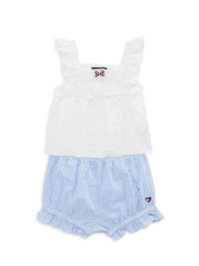 Tommy Hilfiger Baby Girl's 2-piece Embroidered Top & Striped Shorts Set In White Blue