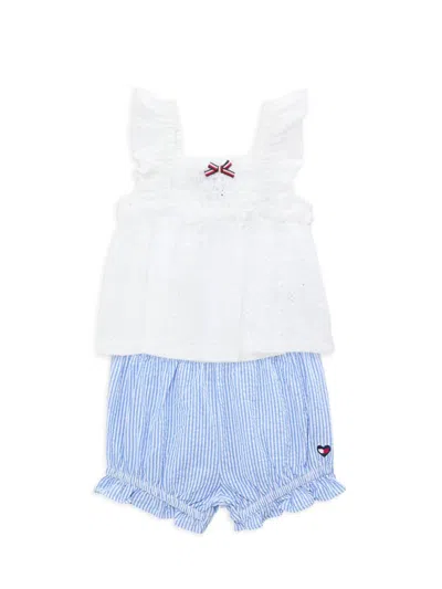 Tommy Hilfiger Baby Girl's 2-piece Eyelet Top & Striped Shorts Set In White Blue
