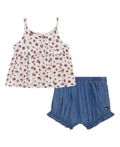 Tommy Hilfiger Baby Girl 2-piece Floral Babydoll Top And Denim Bloomers Set In Assorted