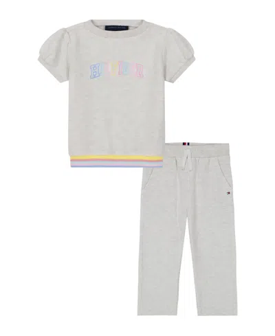Tommy Hilfiger Baby Girl 2-piece Glitter Logo Top And Wide Leg Pant In Oatmeal Heather
