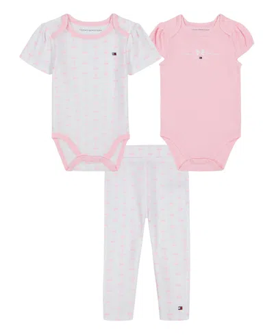 Tommy Hilfiger Baby Girl 3-piece Bodysuits And Striped Leggings Set In Rose Shadow,bright White