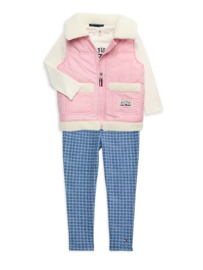 Tommy Hilfiger Baby Girl's 3-piece Tee, Faux Fur Vest & Pants Set In Pink Multi