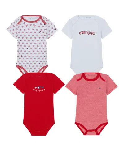 Tommy Hilfiger Baby Girl 4-pack Hearts And Stripes Short Sleeve Bodysuits In Bright White,red,stripe