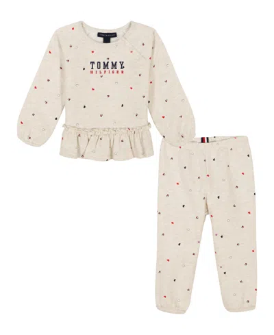 Tommy Hilfiger Baby Girl Printed Heather Fleece Crewneck Sweatsuit In White