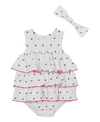 Tommy Hilfiger Baby Girls 2-piece Logo Print Pique Sunsuit And Headband Set In Bright White Print