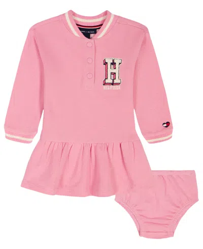 Tommy Hilfiger Baby Girls 2-piece Striped Baseball Collar Dress And Bloomers Set In Pink