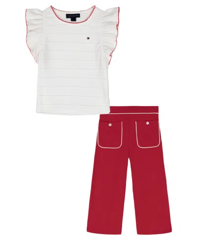Tommy Hilfiger Baby Girls' Crochet Trim Striped Top And Patch Pocket Wide Leg Pants, 2-piece Set In Multi