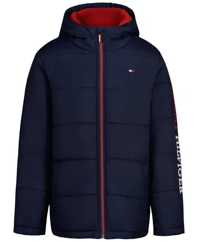 Tommy Hilfiger Baby Girls' Hooded Fleece-lined Sleeve Logo Puffer Jacket In Blue