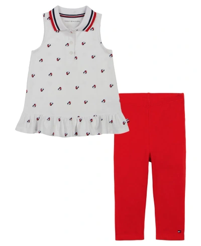 Tommy Hilfiger Baby Girls Logo Print Pique Polo Tunic And Capri Leggings Set In Red