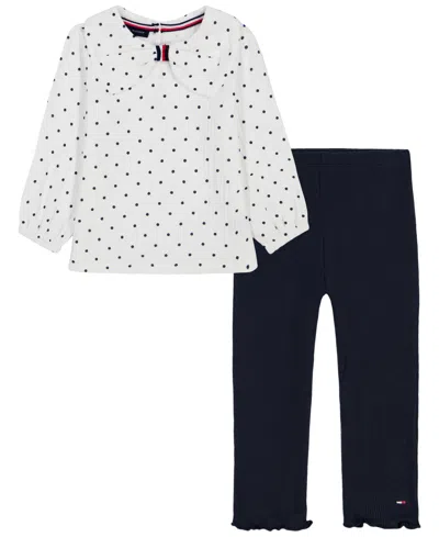 Tommy Hilfiger Kids' Baby Girls' Polka-dot Long-sleeve Bow-collar Tunic And Leggings, 2-piece Set In Multi