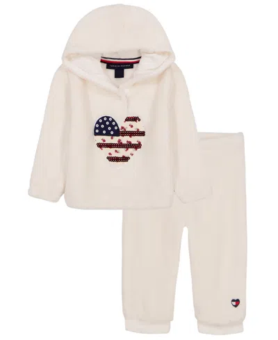 Tommy Hilfiger Kids' Baby Girls' Sherpa Hooded Jacket And Joggers, 2-piece Set In White