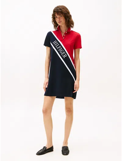 Tommy Hilfiger Banner Stripe Logo Polo Dress In Navy