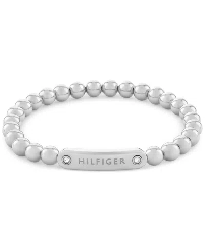 Tommy Hilfiger Beaded Stainless Steel Logo Stretch Bracelet In Silver