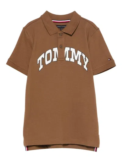 Tommy Hilfiger Kids' Beige Polo Shirt With Short Sleeves  In Brown