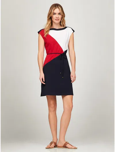 Tommy Hilfiger Belted Colorblock Stretch Cotton Dress In Navy