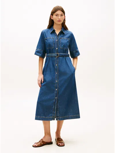 Tommy Hilfiger Belted Denim Midi Dress In Blue