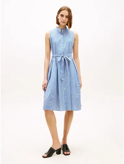 Tommy Hilfiger Belted Gingham Seersucker Midi Dress In Blue
